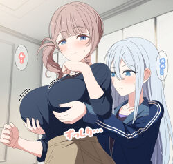 Rule 34 | 2girls, arimon (dfrgty12), black shirt, blue eyes, blue jacket, blunt bangs, blurry, blurry background, blush, breasts, brown hair, brown skirt, ceiling, closed mouth, collarbone, commentary request, grabbing, grabbing another&#039;s breast, grabbing from behind, grey hair, hair between eyes, hands up, high-waist skirt, highres, indoors, jacket, large breasts, long hair, long sleeves, looking at another, looking at viewer, low ponytail, mochizuki honami, motion lines, multiple girls, parted lips, partially unzipped, project sekai, shirt, side ponytail, sidelocks, skirt, sleeves past elbows, speech bubble, standing, sweatdrop, track jacket, upper body, wavy mouth, yoisaki kanade, yuri, zipper