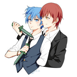 Rule 34 | 2boys, akabane karma, ansatsu kyoushitsu, arm behind back, black jacket, black neckwear, black vest, blue eyes, blue hair, blush, closed mouth, collared shirt, commentary request, cropped torso, dagger, dated, frown, hair between eyes, holding, holding dagger, holding knife, holding weapon, jacket, knife, looking at another, male focus, meipoi, multiple boys, necktie, red hair, shiota nagisa, shirt, short hair, simple background, smile, upper body, vest, weapon, white background, white shirt, yaoi, yellow eyes