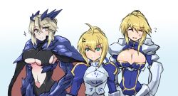 Rule 34 | 3girls, age difference, ahoge, anger vein, angry, armor, armored dress, artoria pendragon (all), artoria pendragon (fate), artoria pendragon (lancer) (fate), artoria pendragon (lancer alter) (fate), blonde hair, blush, braid, braided bun, breast envy, breasts, cape, center opening, cleavage, cleavage cutout, clothing cutout, covered navel, depo (typebaby505), closed eyes, fate/grand order, fate/stay night, fate (series), gauntlets, green eyes, hair bun, horns, large breasts, long hair, looking at another, midriff, multiple girls, multiple persona, navel, open mouth, pauldrons, puffy sleeves, saber (fate), saber alter, shoulder armor, sidelocks, single hair bun, smile, sparkle, sweatdrop, underboob, yellow eyes