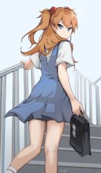 Rule 34 | 1girl, bag, blue dress, blue eyes, briefcase, dress, handrail, highres, holding, holding bag, long hair, looking back, milka (milk4ppl), neon genesis evangelion, orange hair, school bag, school briefcase, school uniform, shiny skin, short sleeves, solo, souryuu asuka langley, stairs, tokyo-3 middle school uniform, tsurime, twintails, two side up, v-shaped eyebrows