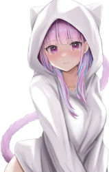 Rule 34 | 1girl, ahoge, animal ears, animal hood, blue hair, blunt bangs, blush, braid, breasts, cat ears, cat girl, cat hood, cat tail, closed mouth, colored inner hair, crying, crying with eyes open, highres, hololive, hood, hood up, hoodie, large breasts, long hair, long sleeves, long tail, looking at viewer, minato aqua, multicolored hair, otsu hai18, pink hair, purple eyes, purple tail, sidelocks, simple background, solo, streaked hair, tail, tail raised, tears, two-tone hair, virtual youtuber, white background, white hoodie