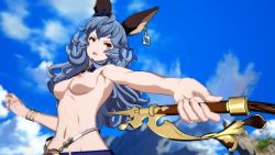 Rule 34 | 1girl, 3d, animal ears, blue hair, breasts, erune, ferry (granblue fantasy), granblue fantasy, granblue fantasy versus, highres, nipples, solo, topless, whip, xxsjxx