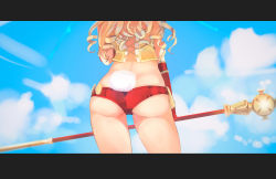 Rule 34 | 1girl, ass, blonde hair, blue sky, rabbit tail, cameltoe, close-up, cloud, crop top, cross-laced clothes, curly hair, day, ehrrr, elin, from behind, gloves, highres, letterboxed, long hair, red gloves, red shorts, short shorts, shorts, skindentation, sky, solo, staff, tail, tera online