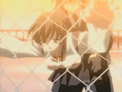 Rule 34 | 00s, 1boy, 1girl, against fence, animated, animated gif, bent over, bouncing breasts, breasts, brown eyes, brown hair, chain-link fence, clothed sex, dithering, doggystyle, fence, hand on own hip, hetero, hip focus, itou makoto, miniskirt, nipples, open clothes, open mouth, open shirt, outdoors, rooftop, saionji sekai, school, school days, school uniform, sex, sex from behind, shirt, short hair, skirt, sky, socks, sunset, thighhighs, vaginal, zettai ryouiki