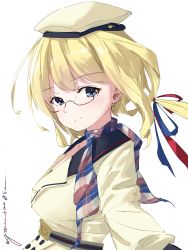 Rule 34 | 1girl, absurdres, beret, black sailor collar, blonde hair, blue eyes, buttons, commandant teste (kancolle), commandant teste (kancolle) (cosplay), cosplay, double-breasted, dress, glasses, hat, highres, i-8 (kancolle), kantai collection, looking at viewer, low twintails, multicolored clothes, multicolored scarf, one-hour drawing challenge, sailor collar, scarf, simple background, smile, solo, twintails, upper body, white background, white dress, white hat, yamamori oyatsu