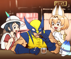 Rule 34 | 10s, 1boy, 2girls, animal ears, backpack, bag, bare shoulders, black hair, blonde hair, bucket hat, chiba toshirou, crossover, cup, drinking glass, elbow gloves, gloves, hat, hat feather, kaban (kemono friends), kemono friends, lucky beast (kemono friends), manly, marvel, multiple girls, open mouth, safari hat, serval (kemono friends), serval print, serval tail, short hair, smoking, tail, wolverine (x-men), x-men