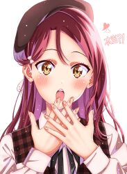 Rule 34 | 1girl, :o, beret, black ribbon, blush, bow, commentary request, fingernails, hair bow, hair ornament, hat, heart, highres, long hair, looking at viewer, love live!, love live! sunshine!!, ojyomu, open mouth, pink nails, plaid, red hair, ribbon, sakurauchi riko, shirt, simple background, solo, teeth, translation request, vest, white background, yellow eyes