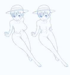 Rule 34 | 1girl, :p, bad id, bad tumblr id, barefoot, breasts, collage, comparison, genderswap, genderswap (mtf), hat, lineart, luffyko, monkey d. luffy, monochrome, navel, neocoill, nipples, nude, one piece, scar, short hair, sketch, small breasts, straw hat, toes, tongue, tongue out