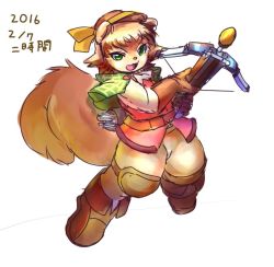 Rule 34 | 1girl, boots, bow (weapon), brown hair, crossbow, female focus, full body, furry, furry female, green eyes, ni jikan, open mouth, short hair, simple background, solo, squirrel, weapon, white background