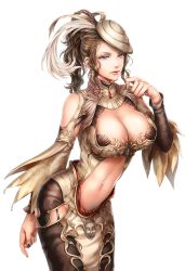 Rule 34 | 1girl, breasts, brown eyes, brown hair, character request, cleavage, doro (sabarudoro), feathers, granado espada, hat, highres, large breasts, midriff, short hair, solo, transparent background