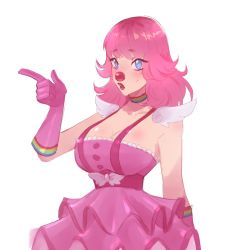 Rule 34 | 1girl, ace attorney, alternate breast size, blue eyes, breasts, choker, clown, clown girl, clown nose, commentary, dress, eirlysdababy, english commentary, frilled dress, frills, geiru toneido, gloves, highres, index finger raised, large breasts, lipstick, makeup, medium hair, open mouth, phoenix wright: ace attorney - spirit of justice, pink dress, pink gloves, pink hair, rainbow, shoulder pads, simple background, sleeveless, sleeveless dress, solo, suspenders, sweatdrop, wavy hair