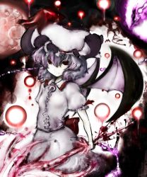 Rule 34 | 1girl, bad id, bad pixiv id, bat wings, female focus, hat, highres, koohee, partially colored, polearm, remilia scarlet, short hair, solo, spear, spear the gungnir, touhou, weapon, wings