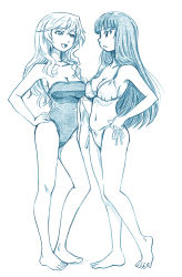 Rule 34 | 2girls, barefoot, bbb (friskuser), bikini, blue theme, blunt bangs, breasts, cleavage, commentary, full body, girls und panzer, half-closed eyes, hand on own hip, heel up, highres, long hair, looking at another, mature female, md5 mismatch, medium breasts, monochrome, multiple girls, navel, nishizumi shiho, one-piece swimsuit, open mouth, parted lips, resolution mismatch, shimada chiyo, side-tie bikini bottom, smile, source larger, standing, straight hair, strapless, strapless one-piece swimsuit, string bikini, swimsuit