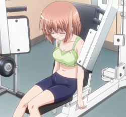 Rule 34 | 10s, 1girl, arms at sides, artist request, bike shorts, blue bike shorts, blush, bra, breasts, brown hair, cleavage, collarbone, exercising, exercise machine, closed eyes, feet out of frame, from side, green bra, green sports bra, gym, indoors, kashii airi, looking down, midriff, navel, rou-kyuu-bu!, screencap, short hair, solo, source request, spandex, sports bra, underwear