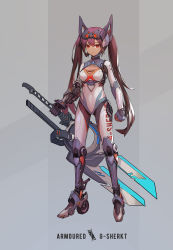 Rule 34 | 1girl, absurdres, bodysuit, breasts, cleavage, closed mouth, commentary request, full body, grey background, highres, holding, holding weapon, long hair, looking at viewer, mecha musume, medium breasts, original, purple hair, red eyes, skin tight, solo, twintails, weapon, yadoshin