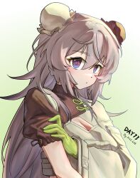 Rule 34 | 1girl, absurdres, arknights, asymmetrical sleeves, blue eyes, blush, breasts, bun cover, cleavage, commentary request, dated, gaoling gangqin, gloves, gradient background, green background, green gloves, highres, long hair, long sleeves, looking at viewer, mismatched sleeves, mulberry (arknights), mulberry (plant crude drug) (arknights), solo, very long hair, white background, white hair