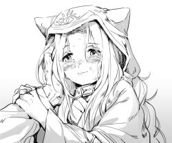 Rule 34 | 1girl, 1other, animal ear hood, animal ears, blush, character request, cloak, closed mouth, collar, crying, crying with eyes open, dashi (minzoku gb), fake animal ears, fate/grand order, fate (series), greyscale, hand on another&#039;s arm, hand on another&#039;s cheek, hand on another&#039;s face, hood, hood up, hooded cloak, long hair, long sleeves, looking afar, looking at another, medusa (fate), medusa (lancer) (fate), monochrome, out of frame, parted bangs, rider, simple background, smile, solo focus, tears, upper body, white background