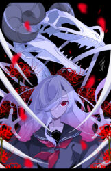 Rule 34 | 1girl, absurdres, black background, dinosaur skeleton, flower, fossil, goma irasuto, hair over one eye, highres, horns, long hair, looking at viewer, original, petals, red eyes, school uniform, signature, solo, spider lily, white hair, white theme