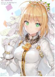 Rule 34 | 1girl, absurdres, ahoge, artist name, belt, blonde hair, blush, bodysuit, breasts, bridal veil, chain, closed mouth, detached sleeves, fate/extra, fate/extra ccc, fate (series), flower, gloves, gold, green eyes, hair flower, hair intakes, hair ornament, hand up, highres, lips, lock, long hair, looking at viewer, medium breasts, momoko (momopoco), nero claudius (bride) (fate), nero claudius (fate), nero claudius (fate) (all), padlock, scan, shiny skin, signature, simple background, smile, solo, upper body, veil, white bodysuit, white gloves, zipper