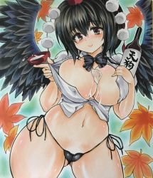 Rule 34 | alcohol, autumn leaves, bikini, black eyes, black hair, blush, body blush, bottle, breasts, bust cup, c:, cleavage, cup, curvy, covered erect nipples, hat, highres, large breasts, looking at viewer, micro bikini, navel, open clothes, open shirt, sakazuki, sake, sake bottle, shameimaru aya, shirt, short hair, side-tie bikini bottom, smile, solo, swimsuit, thick thighs, thighs, tokin hat, touhou, traditional media, twobee, undersized clothes, wavy mouth, wide hips, wings