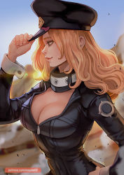 Rule 34 | 1girl, artist name, black bodysuit, blonde hair, bodysuit, boku no hero academia, breasts, cleavage, hand on own hip, hat, large breasts, lips, long hair, magion02, smile, solo, utsushimi kemii, wrist cuffs