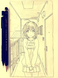 Rule 34 | 1girl, apartment, bad id, bad twitter id, character request, clothes writing, copyright request, cowboy shot, door, english text, graphite (medium), highres, kenkunkenpa, looking at viewer, mechanical pencil, medium hair, messy hair, miniskirt, monochrome, own hands together, pencil, photo (medium), skirt, smile, tagme, traditional media