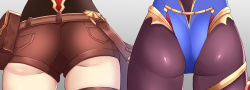 Rule 34 | 2girls, amber (genshin impact), ass, ass focus, black legwear, boots, brown footwear, brown shorts, cherrycola, from behind, genshin impact, grey background, head out of frame, highres, leotard, lower body, mona (genshin impact), multiple girls, pantyhose, pocket, pouch, purple leotard, shorts, simple background, thigh boots, thigh gap, thighhighs, thighs