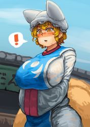 Rule 34 | !, 1girl, adapted costume, animal hat, bad id, bad tumblr id, blonde hair, blue sky, blush, breasts, chanta (ayatakaoisii), cloud, commentary, covered erect nipples, day, embarrassed, extra ears, fox tail, hands in opposite sleeves, hat, highres, huge breasts, lactation, lactation through clothes, long skirt, long sleeves, looking down, mob cap, multiple tails, nose blush, open mouth, outdoors, own hands together, shirt, short hair, sidelocks, skirt, sky, slit pupils, solo, spoken exclamation mark, sweat, sweatdrop, tabard, tail, touhou, upper body, white shirt, white skirt, wide sleeves, yakumo ran