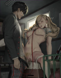 Rule 34 | 1boy, 1girl, amamiya ren, blonde pubic hair, blush, breasts, censored, female pubic hair, glasses, hetero, highres, indoors, jeneral, large breasts, leash, long hair, male pubic hair, mosaic censoring, nipples, open mouth, penis, persona, persona 5, pubic hair, pussy, school uniform, sex, shuujin academy school uniform, sitting, smile, spread legs, straddling, takamaki anne, tearing up, teeth, twintails, upper teeth only, upright straddle, vaginal, window