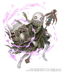 Rule 34 | 2boys, angelic alphabet, book, cloak, crossover, emil (nier), full body, grimoire weiss, grin, holding, holding staff, ji no, looking at viewer, multiple boys, nier, nier (series), official art, scarf, sinoalice, skeleton, skull, smile, solo, square enix, staff, white background