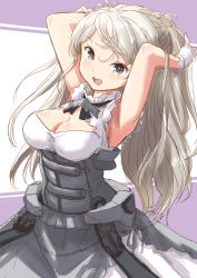Rule 34 | 1girl, armpit cutout, armpits, breasts, brown eyes, cleavage, cleavage cutout, clothing cutout, commentary request, conte di cavour (kancolle), conte di cavour nuovo (kancolle), corset, cowboy shot, dress, frilled dress, frills, fuji (pixiv24804665), gloves, highres, kantai collection, large breasts, long hair, presenting armpit, silver hair, solo, two side up, white dress, white gloves