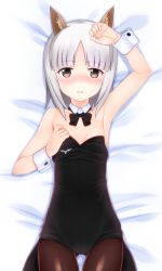 Rule 34 | 10s, 1girl, animal ears, armpits, arms up, bed sheet, black pantyhose, blush, bow, bowtie, brave witches, brown eyes, coattails, cowboy shot, dakimakura (medium), detached collar, edytha rossmann, flat chest, fox ears, from above, leotard, looking at viewer, lying, medal, nontraditional playboy bunny, okina ika, on back, pantyhose, playboy bunny, short hair, silver hair, solo, strike witches, world witches series, wrist cuffs
