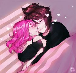 Rule 34 | 1boy, 1girl, artist logo, artist name, bad id, bad twitter id, black shirt, blush, brown hair, closed eyes, closed mouth, commentary, face-to-face, from side, heart, hug, lips, long sleeves, nose blush, original, pink hair, profile, shari cote, shirt, short hair, under covers