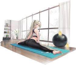 Rule 34 | &gt; &lt;, 1girl, arched back, ass, azur lane, ball, blonde hair, blue eyes, breasts, exercise ball, feet, flexible, from behind, highres, indoors, large breasts, looking at viewer, looking back, manjuu (azur lane), official alternate costume, official art, painleve (azur lane), painleve (team stretching) (azur lane), pants, ponytail, reflective floor, sitting, solo, split, sports bra, spread legs, stretching, tight clothes, tight pants, white sports bra, window, yoga mat, yoga pants