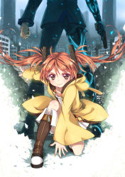 Rule 34 | 10s, 1boy, 1girl, absurdres, aihara enju, black bullet, brown eyes, building, clenched hand, gun, hair ornament, handgun, highres, holding, looking at viewer, north abyssor, on one knee, out of frame, outstretched arm, red hair, satomi rentarou, smile, standing, toy block, twintails, weapon