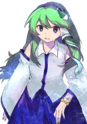 Rule 34 | 1girl, bare shoulders, blue eyes, blue skirt, detached sleeves, fingernails, frog hair ornament, green hair, green nails, hair between eyes, hair ornament, hair tubes, highres, japanese clothes, kochiya sanae, long hair, nail polish, nontraditional miko, open mouth, simple background, skirt, snake hair ornament, solo, suehachi (hikage), touhou, upper body, white background, white sleeves, wide sleeves