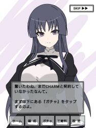 Rule 34 | 1girl, arm at side, assault lily, black hair, black ribbon, black skirt, breasts, buttons, closed mouth, commentary, cropped jacket, fake screenshot, hand on own hip, high-waist skirt, highres, juliet sleeves, kimassi, large breasts, long hair, long sleeves, looking at viewer, neck ribbon, puffy sleeves, purple background, purple eyes, ribbon, school uniform, shirai yuyu, shirt, sidelocks, skirt, solo, standing, translation request, two-tone background, upper body, user interface, very long hair, white background, white shirt, yurigaoka girls academy school uniform