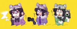 Rule 34 | :d, @ @, animal ear fluff, animal ears, bad id, bad twitter id, black gloves, black hair, character doll, chibi, cigarette, commentary request, common raccoon (kemono friends), cropped torso, cup, doll, facing viewer, fur collar, gloves, green shirt, grey hair, hair between eyes, hands up, heart, heart-shaped pupils, highres, holding, holding cigarette, holding cup, holding doll, inactive account, jmeysan, kemono friends, looking at viewer, mole, mole under eye, mug, multicolored hair, necktie, open mouth, pink eyes, purple eyes, purple necktie, purple shirt, raccoon ears, shirt, short hair, short ponytail, short sleeves, smile, smoke, symbol-shaped pupils, translation request, upper body, variations, white hair, yellow background