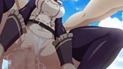 Rule 34 | animated, animated gif, anime screenshot, blush, bouncing breasts, breasts, censored, clothing aside, cowgirl position, erin (knight of erin), girl on top, knight of erin, large breasts, mosaic censoring, panties, panties aside, sex, spread legs, straddling, thighhighs, underwear