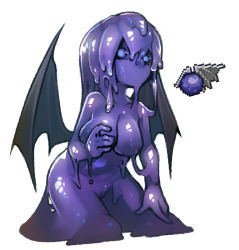 Rule 34 | 1girl, breasts, cleft of venus, demon wings, female focus, glowing, glowing eyes, large breasts, leaning forward, monster girl, nipples, no mouth, nyong nyong, personification, pussy, simple background, slime girl, slimer (terraria), solo, terraria, white background, wings