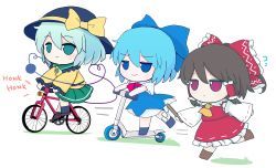 Rule 34 | 3girls, absurdres, ascot, bicycle, black footwear, black headwear, blouse, blue bow, blue dress, blue eyes, blue hair, bow, brown footwear, brown hair, character doll, cirno, closed mouth, collar, collared shirt, detached sleeves, doll, dress, frilled bow, frilled hair tubes, frilled shirt collar, frilled skirt, frilled sleeves, frills, full body, fumo (doll), gohei, green eyes, green hair, green skirt, hair bow, hair tubes, hakurei reimu, hat, hat bow, highres, holding, ice, ice wings, komeiji koishi, long dress, long sleeves, medium hair, motor vehicle, multiple girls, neck ribbon, nontraditional miko, pinafore dress, puffy short sleeves, puffy sleeves, red bow, red eyes, red ribbon, red shirt, red skirt, rei (tonbo0430), ribbon, ribbon-trimmed sleeves, ribbon trim, riding, riding bicycle, scooter, shirt, short hair, short sleeves, sidelocks, simple background, skirt, skirt set, sleeveless, sleeveless dress, touhou, walking, wavy hair, white background, white collar, white shirt, wide sleeves, wings, yellow ascot, yellow bow, yellow ribbon, yellow shirt