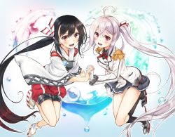Rule 34 | 2girls, ahoge, black hair, commentary request, cosplay, epaulettes, gloves, hair ribbon, holding hands, highres, japanese clothes, kantai collection, kashima (kancolle), kashima (kancolle) (cosplay), long hair, looking at viewer, military, military uniform, mirai (miraichizu), multiple girls, muneate, open mouth, original, red eyes, ribbon, setsuna (miraichizu), shirono mirai, silver hair, uniform, very long hair, water, white gloves, zero (miraichizu), zuihou (kancolle) (cosplay), zuihou (kancolle)