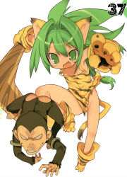 Rule 34 | 1girl, animal ears, animal hands, animal print, blade (galaxist), boomerang, cat ears, cat tail, cham cham, gloves, green eyes, green hair, highres, monkey, no panties, paku paku, paw gloves, paw shoes, queen&#039;s blade, queen&#039;s gate, samurai spirits, shoes, simple background, snk, tail, tiger print, weapon, white background