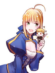 Rule 34 | 1girl, ahoge, artoria pendragon (all), artoria pendragon (fate), bad id, bad pixiv id, blonde hair, blush, breasts, cleavage, danhu, dress, fate/stay night, fate (series), gilgamesh (fate), green eyes, juliet sleeves, long sleeves, mini person, miniboy, official alternate costume, open mouth, puffy sleeves, saber (fate), small breasts