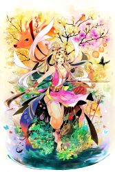 Rule 34 | 1girl, animal, ankle wrap, arrow (projectile), bad id, bad pixiv id, barefoot, bell, bird, bug, rabbit, butterfly, chain, cherry blossoms, circlet, daffodil, deer, fantasy, fish, flower, fox, hakama, hakama skirt, highres, insect, japanese clothes, jingle bell, long hair, looking at viewer, original, pants, petals, pheasant, plant, polearm, saiga tokihito, skirt, spider, tree, weapon