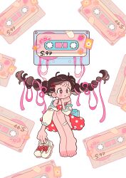 Rule 34 | 1girl, absurdly long hair, absurdres, bandaid, bandaid on leg, bare shoulders, barefoot, blush, brown eyes, brown hair, cassette tape, dolman (dm), dress, floating, hair ribbon, hand on own head, heart, heart-shaped pupils, highres, holding, holding clothes, holding footwear, jacket, long hair, looking to the side, open clothes, open jacket, original, pink pupils, pink ribbon, polka dot, polka dot dress, red dress, ribbon, shoes, sleeves past elbows, solo, symbol-shaped pupils, toes, twintails, unworn shoes, very long hair, white jacket