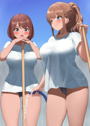 Rule 34 | 2girls, bare legs, black panties, blue eyes, blue sky, blush, breasts, brown hair, closed mouth, commentary, commentary request, cowboy shot, hose, kaisen chuui, large breasts, long hair, looking at another, multiple girls, open mouth, original, outdoors, panties, ponytail, shirt, short sleeves, sky, smile, thighs, underwear, water, white shirt