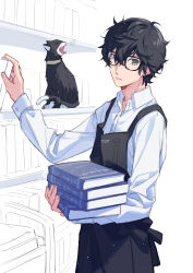 Rule 34 | 1boy, absurdres, amamiya ren, animal, apron, black-framed eyewear, black apron, black cat, black eyes, black hair, book, buttons, cat, closed mouth, collared shirt, commentary request, glasses, hair between eyes, highres, holding, holding book, long sleeves, looking at viewer, male focus, messy hair, morgana (persona 5), open mouth, persona, persona 5, shirt, short hair, tsubsa syaoin, white background, white shirt, yawning