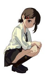Rule 34 | 1girl, black eyes, black footwear, black hair, black necktie, black skirt, black socks, bright pupils, chainsaw, chainsaw man, commentary, dress shirt, english commentary, expressionless, film grain, from side, full body, gozuu, hair ornament, hairclip, hand on own knee, higashiyama kobeni, highres, light frown, loafers, long sleeves, looking at viewer, looking to the side, loose necktie, mixed-language commentary, mole, mole under eye, mole under mouth, necktie, pochita (chainsaw man), raised eyebrows, shaded face, shirt, shoes, short hair, short ponytail, simple background, single sidelock, skirt, sleeves rolled up, socks, solo, squatting, thick eyebrows, uniform, white background, white pupils, white shirt