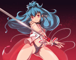 Rule 34 | 1girl, alfimi, artist request, banpresto, bare legs, blue hair, facial mark, female focus, holding, holding sword, holding weapon, legs, long hair, ponytail, red eyes, smile, solo, super robot wars, super robot wars og saga mugen no frontier, super robot wars og saga mugen no frontier exceed, sword, thong, very long hair, weapon, wide hips